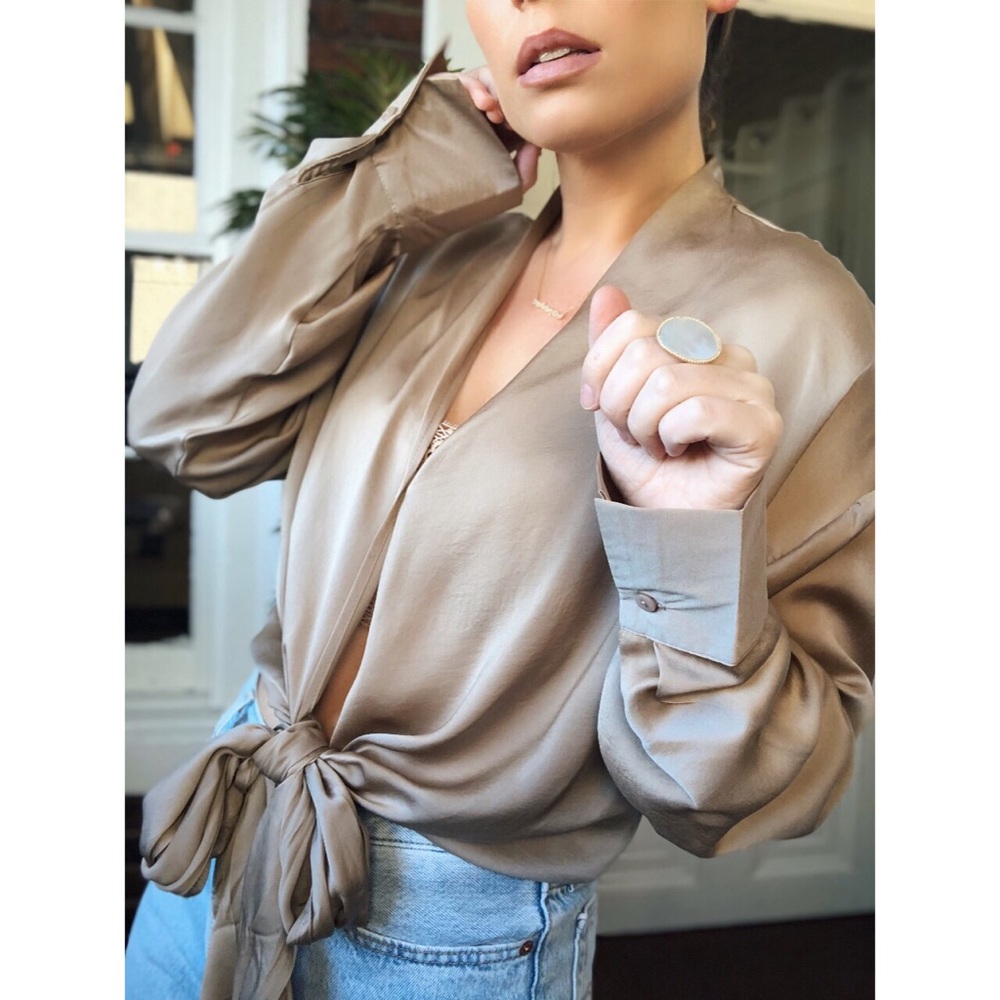 KLY Tie Front Blouse Top - Taupe - Picture 2 of 8